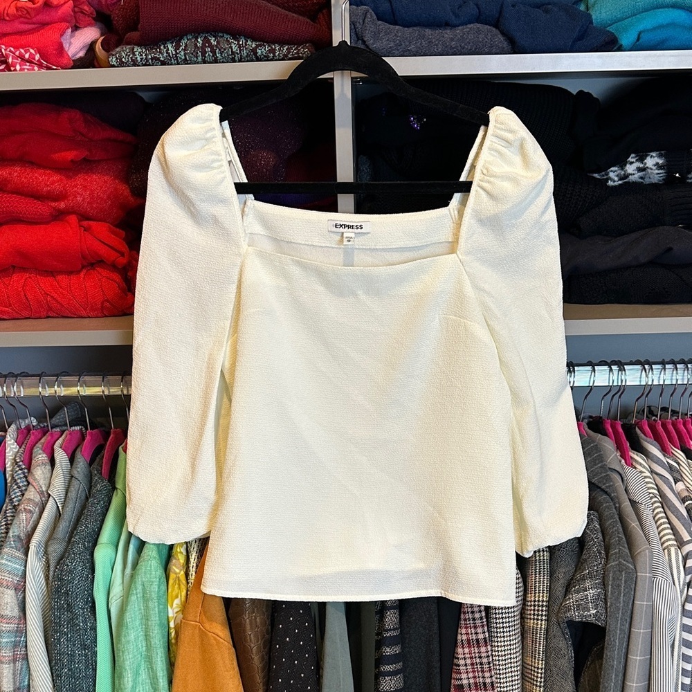 Express ivory square neck long puff sleeve elastic shoulder top size XS